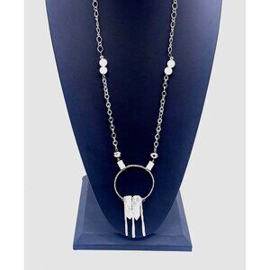 L & F Ring Round Pendant Beaded Chain Necklace Silver Tone 36 to 38 Inches